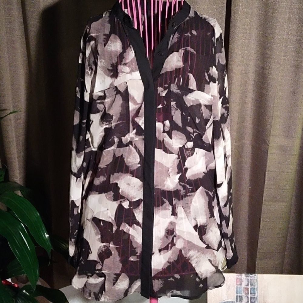 Massimo Black White Button up Sheer Blouse